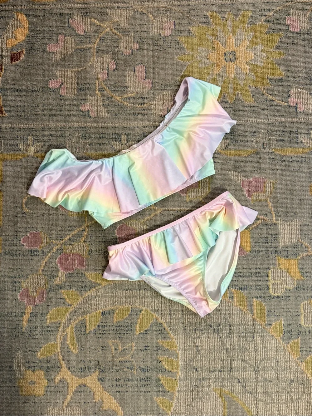 Girls' Pastel Ombré Rainbow Ruffle Two-Piece Swimsuit